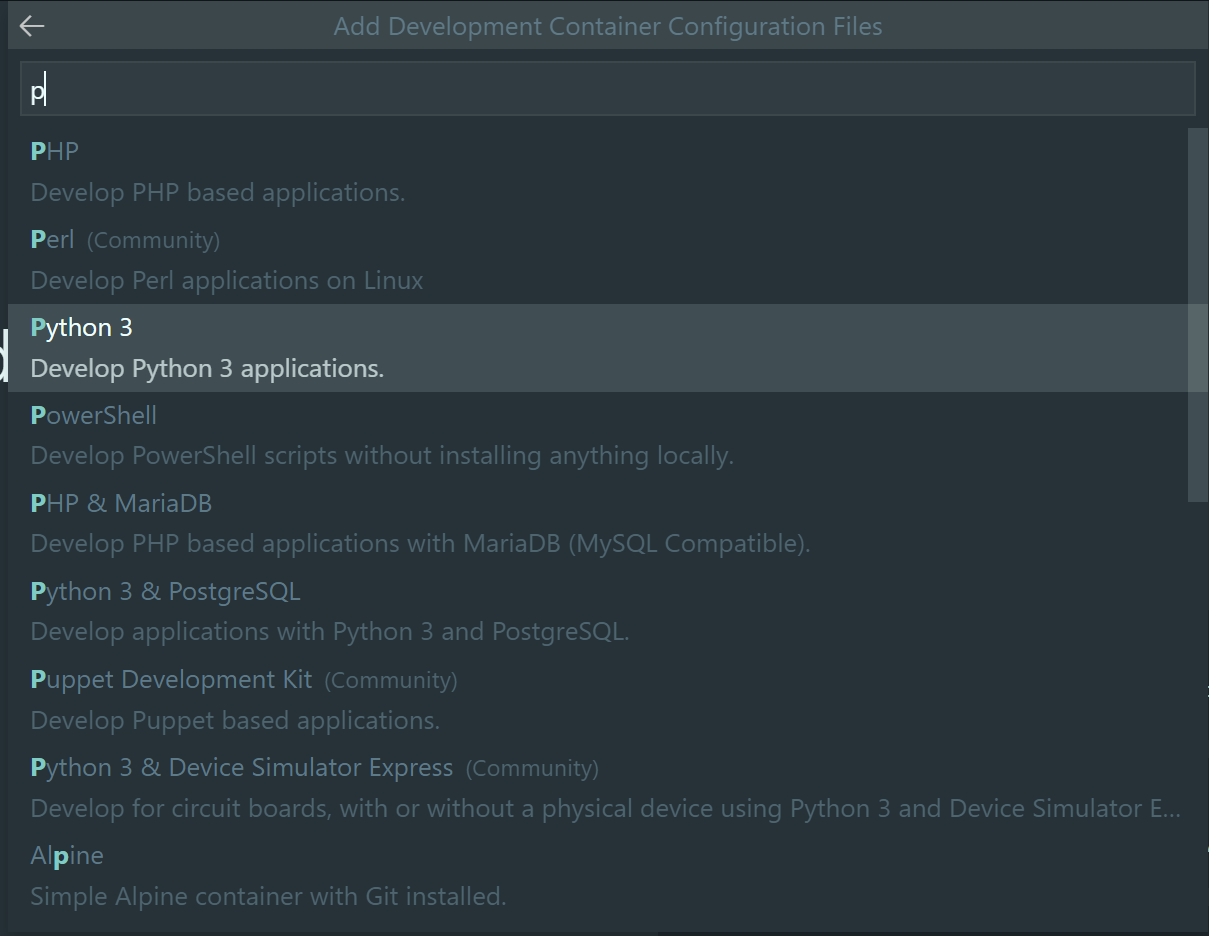 Select Development Container Definition